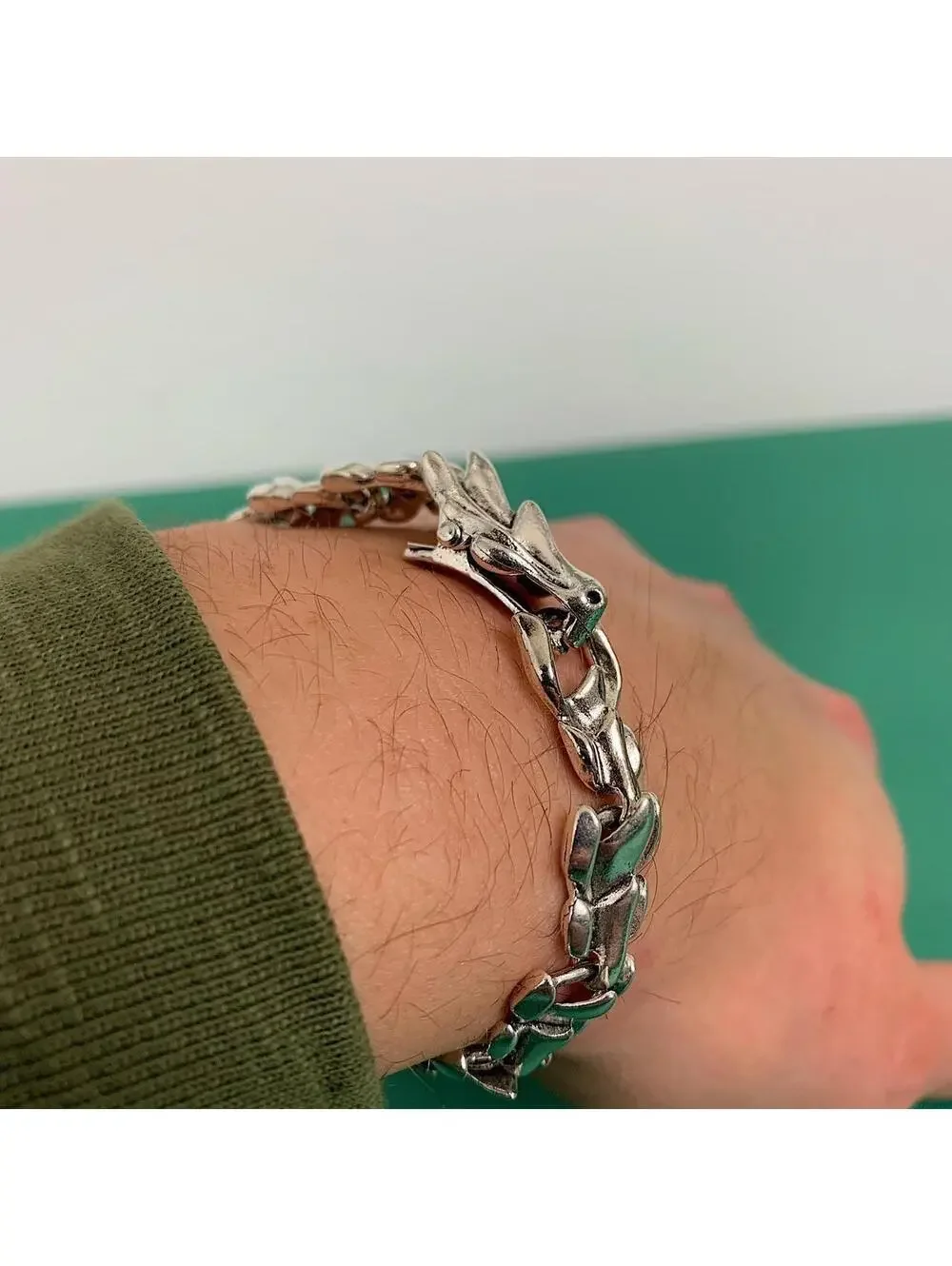 Grunge y2k style Silver stainless steel dragon scale head bracelet